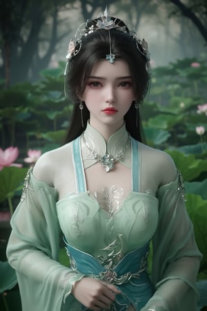 (8k, RAW photo, best quality, masterpiece:1.2), (realistic, photo-realistic:1.2)(raw photo) , detailed and intricate, original,highres,looking at viewer,upper body,black hair,BREAK,(light green 
 clothing:1.39),(huge breasts:2.29),Xyunxiao,1girl,(full moon,Peony:1.36),BREAK,( Chinese Phoenix pattern embroidery:1.26),Xxiaolongnv,Xlimuwan,Xjiuweihu,(Mid-Autumn Festival theme, moon cakes, jade rabbit, lanterns, fireworks:1.36), (lotus, lotus pond:1.39)