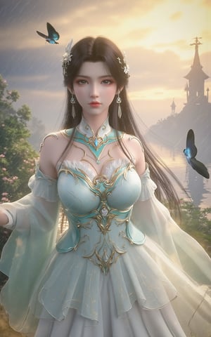 (masterpiece, best quality:1.2), highres, extremely detailed, 1girl,(Holographic sweater dress:1.26),looking at viewer,indoors, Xyunxiao,Yunxiao_Fairy, (huge breasts:1.63),Depth of field,(garden of the sun,shiny,flowers, garden:1.29), 1girl, (Lotus,butterflies:1.29), ultra detailed, glary,Light, light particles,glitter,reflect,Xguxuner