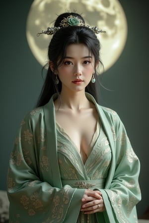 (8k, RAW photo, best quality, masterpiece:1.2), (realistic, photo-realistic:1.2)(raw photo) , detailed and intricate, original,highres,looking at viewer,upper body,black hair,BREAK,(light green hanfu:1.29),(huge breasts:2.3),Xyunxiao,1girl,(full moon,Peony:1.36),BREAK,(Chinese Phoenix pattern embroidery:1.26),wonder beauty