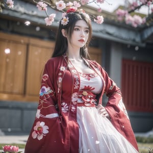 hanfu, Best Quality, masterpiece, (Snowing:1.3),1 girl, (long hair:1.2),  (big breasts:1.89),(Upper body photo:1.3),hanfu,18-year-old , exquisite , extreme face,creamy skin, fair skin,realistic skin details, (super-detail) , long hair, (big breasts:1.69),1girl,long skirt,long sleeves,(Peony flowers, plum blossoms:1.5),(flower:1.3),tangdynastyhanfu, hanfu2,myhanfu, chang,Sit on the steps, hands on hips