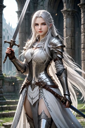 European style, fantasy, solo, cool girl, knight outfit, white & silver long hair, battle, faithing, enemy, ruins, holding long sword, (masterpiece), (best quality), (ultra-detailed), (an extremely delicate and beautiful), ((textile shading)), (caustics), (((sharp focus))),knight,scythe,aesthetic portrait