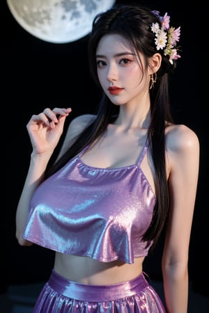   (masterpiece, best quality:1.2),1girl, navel, solo, midriff, bare shoulders, lantern, hair ornament, flower, hair flower, paper lantern, black hair, red lips, looking at viewer, chinese clothes, (light Holographic Color dress:1.29), purple eyes,blurry, solo focus, long hair, lips, night, lipstick, outdoors, upper body, blurry,(huge breasts:1.46), background, solo, makeup, hair bun,Xyunxiao,(full moon:1.23)