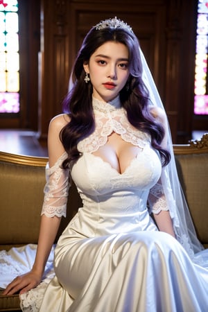 masterpiece,1girl,(mature female:0.5),tall body,golden proportions,(Kpop idol),(shiny skin:1.2),(oil skin:1.1),makeup,(close up),(church background:1.2),depth of field,(closed mouth:0.5),((long wavy purple hair)),(puffy eyes),(eyelashes:1.1),(parted lips:1.1),red lipstick,fantasy art style,dreamy light,(high neck purple wedding dress:1.33),(lace long wedding dress:1.39),perfect body,(dreamy veil:1.3),(dusk:1.2),princess shoes,(diamond necklace),(crystal hairpin),tyndall effect,highres,(Sit on the sofa:1.3),(big breasts:1.68),