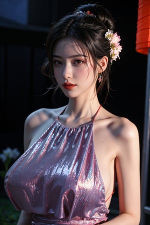   (masterpiece, best quality:1.2),1girl, navel, solo, midriff, bare shoulders, lantern, hair ornament, flower, hair flower, paper lantern, black hair, red lips, looking at viewer, chinese clothes, (light Holographic Color dress:1.29), purple eyes,blurry, solo focus, long hair, lips, night, lipstick, outdoors, upper body, blurry,(huge breasts:1.46), background, solo, makeup, hair bun,Xyunxiao,(full moon:1.23)