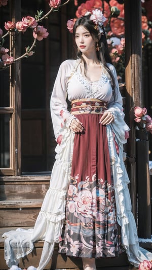 hanfu, Best Quality, masterpiece, (Snowing:1.3),1 girl, (long hair:1.2),  (big breasts:1.89),(Upper body photo:1.3),hanfu,18-year-old , exquisite , extreme face,creamy skin, fair skin,realistic skin details, (super-detail) , long hair, (big breasts:1.69),1girl,long skirt,long sleeves,(Peony flowers, plum blossoms:1.5),(flower:1.3),tangdynastyhanfu, hanfu2,myhanfu, chang,Sit on the steps, hands on hips,embroidered flower patterns,hanfulolita,Chinese style, Huge flowers