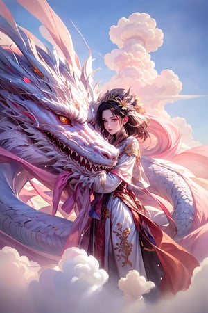 photorealistic,realistic,photography,masterpiece,best quality,ultra-detailed,extremely detailed CG unity 8k wallpaper,1girl,cloud,pink theme,pink white dragon,,moyou,forehead,white hair