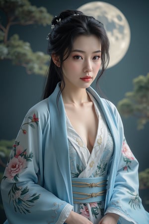 (8k, RAW photo, best quality, masterpiece:1.2), (realistic, photo-realistic:1.2)(raw photo) , detailed and intricate, original,highres,looking at viewer,upper body,black hair,BREAK,(light blue hanfu:1.29),(huge breasts:2.39),Xyunxiao,1girl,(full moon,Peony:1.36),BREAK,(Chinese Phoenix pattern embroidery:1.26),wonder beauty