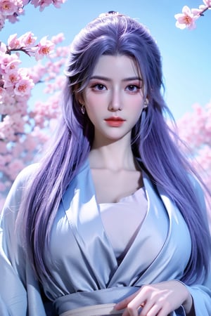 (masterpiece, best quality:1.2), highres, extremely detailed, 1 girl, purple hair, eye highlights,purple dress, frills, outdoors, flower, fluttering petals, upper body, depth of field,pastel color, Depth of field,garden of the sun,shiny,flowers, garden, 1girl, butterfly style, butterflies, ultra detailed, glary,Light, light particles,glitter,reflect,,(big breasts:1.52),Xyunxiao,sky_moon,hanfu