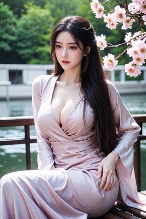 best quality,(masterpiece,beautiful,cute girl:1.23),Professional,photo_(medium),ultra-fine painting,1girl,long hair,outdoors,(front:1.3),floral background,(sitting:1.3),medium_shot,chinese hanfu,pink chinese clothes,flower,hands on hips,(big breasts:1.46),Xyunxiao