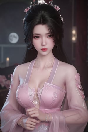 (8k, RAW photo, best quality, masterpiece:1.2), (realistic, photo-realistic:1.2)(raw photo) , detailed and intricate, original,highres,looking at viewer,upper body,black hair,BREAK,(light pink 
 clothing:1.39),(huge breasts:2.29),Xyunxiao,1girl,(full moon,Peony:1.36),BREAK,(Holographic color Chinese Phoenix pattern embroidery:1.26),Xxiaolongnv,Xlimuwan,Xjiuweihu