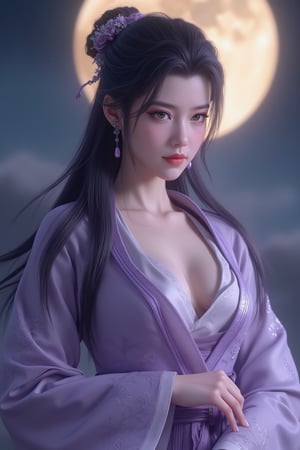 (8k, RAW photo, best quality, masterpiece:1.2), (realistic, photo-realistic:1.2)(raw photo) , detailed and intricate, original,highres,looking at viewer,upper body,black hair,BREAK,(light purple hanfu:1.29),(huge breasts:1.89),Xyunxiao,1girl,(full moon,Peony:1.36),BREAK,(Chinese Phoenix pattern embroidery:1.26),wonder beauty