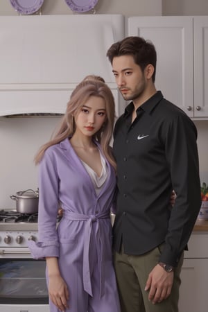 Close-up of a digital painting depicting a man in a black shirt and a beautiful woman in a purple jumpsuit standing in a kitchen. The man was wearing a black button-up shirt and dark green pants, with NIKE embroidery on the left side of the shirt. The woman wears a long-sleeved purple robe and holds a spoon in her right hand, while the man holds an apple in his left hand. The woman's arms rest in front of a silver pot on the stove. The stove is against a white countertop, with bowls of vegetables placed on it. There is a sink with a silver faucet to the left of the stove, and a white cabinet with silver handles. Above the counter, three purple plates hang from the ceiling. Realism. light and shadow. The lighting is soft. masterpiece