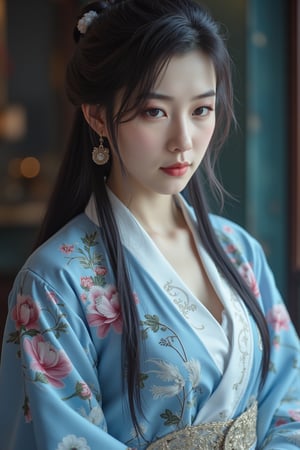 (8k, RAW photo, best quality, masterpiece:1.2), (realistic, photo-realistic:1.2)(raw photo) , detailed and intricate, original,highres,looking at viewer,upper body,black hair,BREAK,(light blue hanfu:1.29),(huge breasts:2.39),Xyunxiao,1girl,(full moon,Peony:1.36),BREAK,(Chinese Phoenix pattern embroidery:1.26),wonder beauty