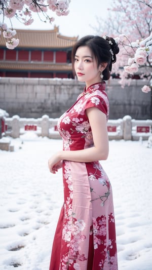 Masterpiece, Best Quality,  qipao,young and beautiful Chinese girl wearing a cheongsam with coiled hair, , wearing vintage Chinese earrings, (big breasts:1.29),in front of the Forbidden City, with a large aperture portrait lens,(big breasts:1.39),embroidered flower patterns,(Peonies, cherry blossoms, plum blossoms:1.3), (snow:1.5),1girl,long skirt,Young beauty spirit , cuihua