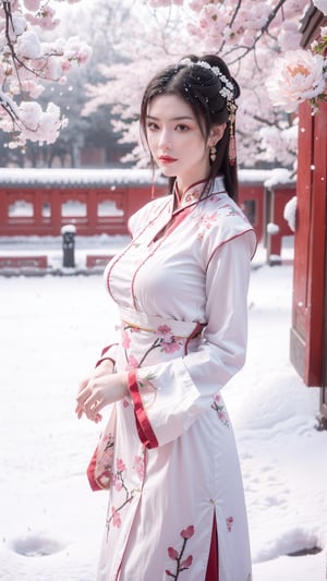 Masterpiece, Best Quality,young and beautiful Chinese girl wearing a cheongsam with coiled hair, , wearing vintage Chinese earrings, (big breasts:1.39),in front of the Forbidden City, with a large aperture portrait lens,(big breasts:1.3),embroidered flower patterns,(Peonies, cherry blossoms, plum blossoms:1.3), (snow:1.5),,  qipao