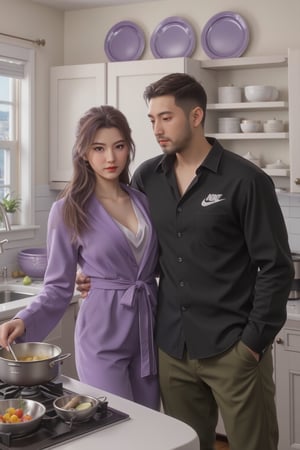 Close-up of a digital painting depicting a man in a black shirt and a beautiful woman in a purple jumpsuit standing in a kitchen. The man was wearing a black button-up shirt and dark green pants, with NIKE embroidery on the left side of the shirt. The woman wears a long-sleeved purple robe and holds a spoon in her right hand, while the man holds an apple in his left hand. The woman's arms rest in front of a silver pot on the stove. The stove is against a white countertop, with bowls of vegetables placed on it. There is a sink with a silver faucet to the left of the stove, and a white cabinet with silver handles. Above the counter, three purple plates hang from the ceiling. Realism. light and shadow. The lighting is soft. masterpiece