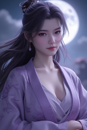 (8k, RAW photo, best quality, masterpiece:1.2), (realistic, photo-realistic:1.2)(raw photo) , detailed and intricate, original,highres,looking at viewer,upper body,black hair,BREAK,(light purple clothing:1.29),(huge breasts:1.82),Xyunxiao,1girl,(full moon,Peony:1.36),BREAK,(Chinese Phoenix pattern embroidery:1.26)