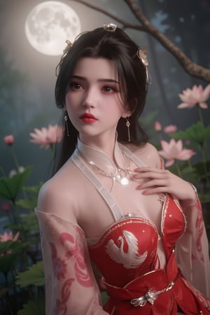 (8k, RAW photo, best quality, masterpiece:1.2), (realistic, photo-realistic:1.2)(raw photo) , detailed and intricate, original,highres,looking at viewer,upper body,black hair,BREAK,(light red 
 clothing:1.39),(huge breasts:2.29),Xyunxiao,1girl,(full moon,Peony:1.36),BREAK,( Chinese Phoenix pattern embroidery:1.26),Xxiaolongnv,Xlimuwan,Xjiuweihu,(Mid-Autumn Festival theme, moon cakes, jade rabbit, lanterns, fireworks:1.36), (lotus, lotus pond:1.39)