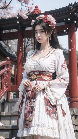 hanfu, Best Quality, masterpiece, (Snowing:1.3),1 girl, (long hair:1.2),  (big breasts:1.89),(Upper body photo:1.3),hanfu,18-year-old , exquisite , extreme face,creamy skin, fair skin,realistic skin details, (super-detail) , long hair, (big breasts:1.69),1girl,long skirt,long sleeves,(Peony flowers, plum blossoms:1.5),(flower:1.3),tangdynastyhanfu, hanfu2,myhanfu, chang,Sit on the steps, hands on hips,embroidered flower patterns,hanfulolita,Chinese style