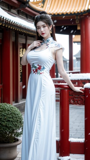 Masterpiece, Best Quality,young and beautiful Chinese girl wearing a cheongsam with coiled hair, , wearing vintage Chinese earrings, (big breasts:1.39),1girl, half, (Masterpiece:1.2), best quality, arien_hanfu, 1girl, (falling_snow:1.3), looking_at_viewer, , (big breasts:1.5),Young beauty spirit 