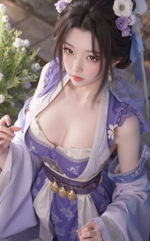 (masterpiece, best quality:1.2), 1girl, (hanfu dress:1.26),looking at viewer,(huge breasts:1.69),Depth of field,