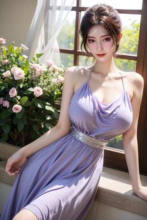 (masterpiece, best quality:1.2), highres, extremely detailed, 1girl,(light purple Chiffon dress:1.23),looking at viewer,indoors, Xyunxiao,Yunxiao_Fairy, (big breasts:1.58),Depth of field,garden of the sun,shiny,flowers, garden, 1girl, butterfly style, butterflies, ultra detailed, glary,Light, light particles,glitter,reflect,