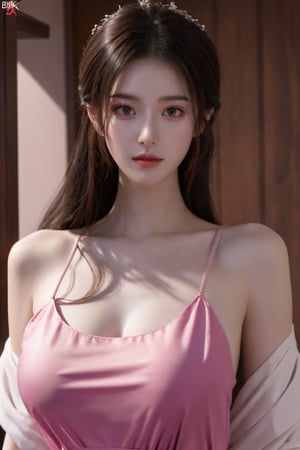 (8k, RAW photo, best quality, masterpiece:1.2), (realistic, photo-realistic:1.2)(raw photo) (extremely detailed CG unity 8k wallpaper) detailed and intricate, original,highres,[1girl:background:0.6],long hair,(long dress:1.23),looking at viewer,upper body,(light pink clothing:1.23),(big breasts:1.52),Xyunxiao,1girl,Xziling,underwear,Dudou,dudou