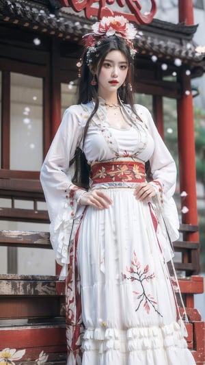 hanfu, Best Quality, masterpiece, (Snowing:1.3),1 girl, (long hair:1.2),  (big breasts:1.89),(Upper body photo:1.3),hanfu,18-year-old , exquisite , extreme face,creamy skin, fair skin,realistic skin details, (super-detail) , long hair, (big breasts:1.69),1girl,long skirt,long sleeves,(Peony flowers, plum blossoms:1.5),(flower:1.3),tangdynastyhanfu, hanfu2,myhanfu, chang,Sit on the steps, hands on hips,embroidered flower patterns,hanfulolita,Chinese style
