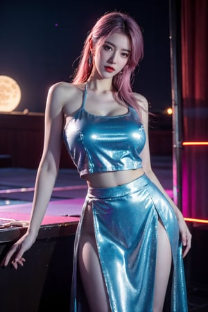 (masterpiece, best quality:1.3),Nights,(Cyberpunk:1.3), (neon lights:1.4), glowing earrings, realistic, pub,1girl, solo, looking at viewer, (Holographic light blue dress:1.29),realistic, midriff, bare shoulders, standting, hair ornament, pink hair, jewelry, Pleated Skirt, purple long skirt, cowboy shot,Xyunxiao, ,(huge breasts:1.5),(full moon:1.39)