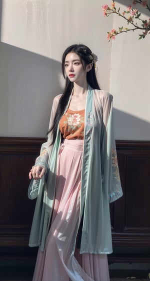 (hanfu),(floral print:1.3),(pink see-through shirt),(green see-through print long skirt),(long sleeves),1 girl,full body,(long hair:1.1),,(big breasts:1.3), (realistic:1.7),((best quality)),absurdres,(ultra high res),(photorealistic:1.6),photorealistic,octane render,(hyperrealistic:1.2), (photorealistic face:1.2), (8k), (4k), ,,(big breasts:1.5),(Masterpiece),(realistic skin texture), (illustration, cinematic lighting,wallpaper),( beautiful eyes:1.2),((((perfect face)))),(cute),(standing),(black hair),black eyes,red lips, outdoors, (chinese style buildings), ,hanfu,Agoon