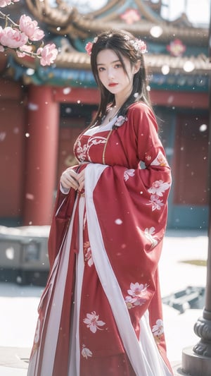 hanfu, Best Quality, masterpiece, (Snowing:1.3),1 girl, (long hair:1.2),  (big breasts:1.89),(Upper body photo:1.3),hanfu,18-year-old , exquisite , extreme face,creamy skin, fair skin,realistic skin details, (super-detail) , long hair, (big breasts:1.69),1girl,long skirt,long sleeves,(Peony flowers, plum blossoms:1.5),(flower:1.3),tangdynastyhanfu, hanfu2,myhanfu, chang,Sit on the steps, hands on hips