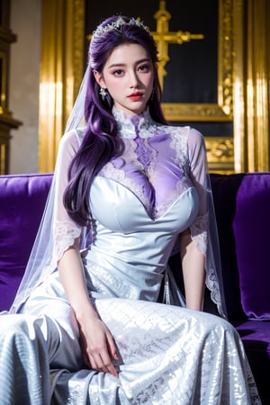 masterpiece,1girl,(mature female:0.5),tall body,golden proportions,(Kpop idol),(shiny skin:1.2),(oil skin:1.1),makeup,(close up),(church background:1.2),depth of field,(closed mouth:0.5),((long wavy purple hair)),(puffy eyes),(eyelashes:1.1),(parted lips:1.1),red lipstick,fantasy art style,dreamy light,(high neck purple wedding dress:1.59),(lace long wedding dress:1.39),perfect body,(dreamy veil:1.3),(dusk:1.2),princess shoes,(diamond necklace),(crystal hairpin),tyndall effect,highres,(Sit on the sofa:1.3),(big breasts:1.79),