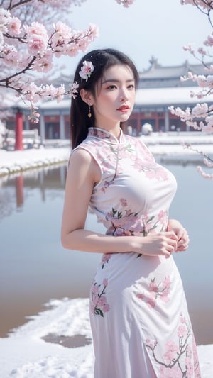 Masterpiece, Best Quality,  qipao,young and beautiful Chinese girl wearing a cheongsam with coiled hair, , wearing vintage Chinese earrings, (big breasts:1.29),in front of the Forbidden City, with a large aperture portrait lens,(big breasts:1.39),embroidered flower patterns,(Peonies, cherry blossoms, plum blossoms:1.3), (snow:1.5),1girl,long skirt,Young beauty spirit 