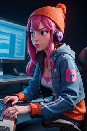 A futuristic hacker scene unfolds as the 35-year-old girl, adorned in a vibrant orange hat and patchwork jacket, leans forward with intensity. Her headphones are securely fastened around her ears, immersing herself in the digital realm. A microphone stands poised beside her computer setup, where multiple monitors glow with neon-lit data against a dark background reminiscent of anime's stylized visuals.