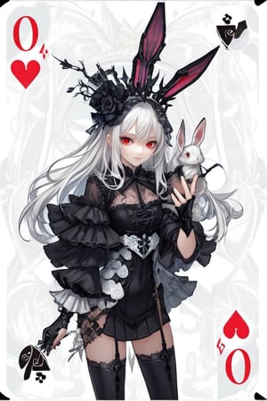 a close up of a person wearing a costume, card game illustration, machine garden, killstar, elegant clothes, gloomy style, rabbits, mafia background hyper detailed, solemn gesture, patchwork, Crown, feminine figure, ( symmetrical ), Queen, Queen of Hearts, Queen of rabbits, White hair, gothic art, poker card style, Red eyes, hold a rabbit, detail background, deck of cards style background.