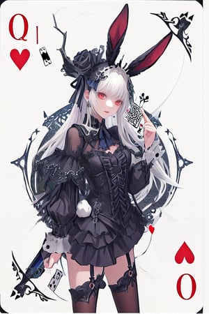 a close up of a person wearing a costume, card game illustration, machine garden, killstar, elegant clothes, gloomy style, rabbits, mafia background hyper detailed, solemn gesture, patchwork, Crown, feminine figure, ( symmetrical ), Queen, Queen of Hearts, Queen of rabbits, White hair, gothic art, poker card style, Red eyes, hold a rabbit, detail background, deck of cards the hearts style background , Detailed Q, Defined thighs.