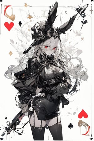Rabbits, holding a rabbit, Playing card style background (Hearts) Crown of hearts, background of playing cards of hearts, (blackandwhite_backgraound:1.3), (White_hair:1.2), (gradient:1.2), wide_shot, scenery, 2 Hair_ornament in the shape of (symmetrical) rabbit_ears, detailed background, (grow_red_particles:1.3), (blackandwhite_clothes:1.2), (gradient_clothes:1.2), , (white_clothes:1.1), (black_clothes:1.3), long hair, floating hair, (((dramatic))), (((gritty))), (((intense))). She confidently of the poster, wearing a (Gray (X11 gray):1.1) and (Seashell:1.1) stylish and edgy outfit, The background is gray and sandy with gray hearts, with a sense of danger and intensity. Drama and excitement. The color palette is mainly dark and Fallow with splashes of vibrant colors, giving the poster a dynamic and visually striking appearance, tachi-e, with a relaxed expression on her face. leaf bikini, , (atmospheric perspective:1.1), (a close up of a person wearing a costume:1.22), (from above:1.1), wide_shot, scenery, a close up of a person wearing a costume, card game illustration, machine garden, killstar, elegant clothes, gloomy style, rabbits, solemn gesture, patchwork, Crown, feminine figure, ( symmetrical ), Queen, Queen of Hearts, Queen of rabbits, White hair, gothic art, poker card style, Red eyes, thick thighs, hold a rabbit, detail background, deck of cards style background., midjourney