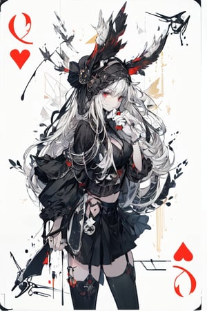 Playing card style background (Hearts) (blackandwhite_backgraound:1.3), (White_hair:1.2), (gradient:1.2), wide_shot, scenery, 2 Hair_ornament in the shape of (symmetrical) rabbit_ears, detailed background, (grow_red_particles:1.3), (blackandwhite_clothes:1.2), (gradient_clothes:1.2), , (white_clothes:1.1), (black_clothes:1.3), long hair, floating hair, (((dramatic))), (((gritty))), (((intense))). She confidently of the poster, wearing a (Gray (X11 gray):1.1) and (Seashell:1.1) stylish and edgy outfit, The background is gray and sandy with gray hearts, with a sense of danger and intensity. Drama and excitement. The color palette is mainly dark and Fallow with splashes of vibrant colors, giving the poster a dynamic and visually striking appearance, tachi-e, with a relaxed expression on her face. leaf bikini, , (atmospheric perspective:1.1), (a close up of a person wearing a costume:1.22), (from above:1.1), wide_shot, scenery, a close up of a person wearing a costume, card game illustration, machine garden, killstar, elegant clothes, gloomy style, rabbits, solemn gesture, patchwork, Crown, feminine figure, ( symmetrical ), Queen, Queen of Hearts, Queen of rabbits, White hair, gothic art, poker card style, Red eyes, thick thighs, hold a rabbit, detail background, deck of cards style background., midjourney