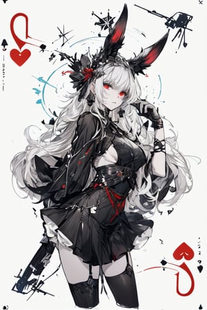 Rabbits, holding a rabbit, Playing card style background (Hearts) (blackandwhite_backgraound:1.3), (White_hair:1.2), (gradient:1.2), wide_shot, scenery, 2 Hair_ornament in the shape of (symmetrical) rabbit_ears, detailed background, (grow_red_particles:1.3), (blackandwhite_clothes:1.2), (gradient_clothes:1.2), , (white_clothes:1.1), (black_clothes:1.3), long hair, floating hair, (((dramatic))), (((gritty))), (((intense))). She confidently of the poster, wearing a (Gray (X11 gray):1.1) and (Seashell:1.1) stylish and edgy outfit, The background is gray and sandy with gray hearts, with a sense of danger and intensity. Drama and excitement. The color palette is mainly dark and Fallow with splashes of vibrant colors, giving the poster a dynamic and visually striking appearance, tachi-e, with a relaxed expression on her face. leaf bikini, , (atmospheric perspective:1.1), (a close up of a person wearing a costume:1.22), (from above:1.1), wide_shot, scenery, a close up of a person wearing a costume, card game illustration, machine garden, killstar, elegant clothes, gloomy style, rabbits, solemn gesture, patchwork, Crown, feminine figure, ( symmetrical ), Queen, Queen of Hearts, Queen of rabbits, White hair, gothic art, poker card style, Red eyes, thick thighs, hold a rabbit, detail background, deck of cards style background., midjourney