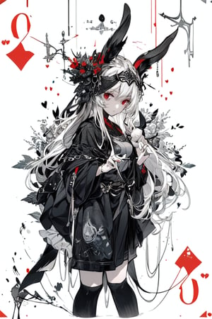 Playing card style background (Hearts) (blackandwhite_backgraound:1.3), (White_hair:1.2), (gradient:1.2), wide_shot, scenery, 2 Hair_ornament in the shape of (symmetrical) rabbit_ears, detailed background, (grow_red_particles:1.3), (blackandwhite_clothes:1.2), (gradient_clothes:1.2), , (white_clothes:1.1), (black_clothes:1.3), long hair, floating hair, (((dramatic))), (((gritty))), (((intense))). She confidently of the poster, wearing a (Gray (X11 gray):1.1) and (Seashell:1.1) stylish and edgy outfit, The background is gray and sandy with gray hearts, with a sense of danger and intensity. Drama and excitement. The color palette is mainly dark and Fallow with splashes of vibrant colors, giving the poster a dynamic and visually striking appearance, tachi-e, with a relaxed expression on her face. leaf bikini, , (atmospheric perspective:1.1), (a close up of a person wearing a costume:1.22), (from above:1.1), wide_shot, scenery, a close up of a person wearing a costume, card game illustration, machine garden, killstar, elegant clothes, gloomy style, rabbits, solemn gesture, patchwork, Crown, feminine figure, ( symmetrical ), Queen, Queen of Hearts, Queen of rabbits, White hair, gothic art, poker card style, Red eyes, thick thighs, hold a rabbit, detail background, deck of cards style background., midjourney