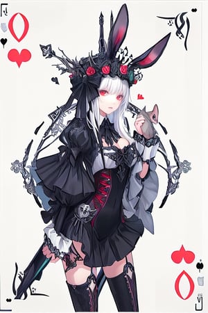 a close up of a person wearing a costume, card game illustration, machine garden, killstar, elegant clothes, gloomy style, rabbits, mafia background hyper detailed, solemn gesture, patchwork, Crown, feminine figure, ( symmetrical ), Queen, Queen of Hearts, Queen of rabbits, White hair, gothic art, poker card style, Red eyes, hold a rabbit, detail background, deck of cards the hearts style background , Detailed Q, Defined thighs.