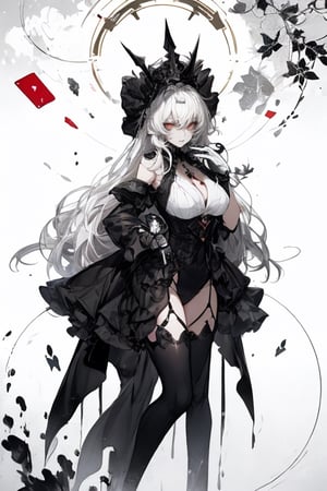 Playing card style background (Hearts) (blackandwhite_backgraound:1.3), (White_hair:1.2), (gradient:1.2), wide_shot, scenery, 2 Hair_ornament in the shape of (symmetrical) rabbit_ears, detailed background, (grow_red_particles:1.3), (blackandwhite_clothes:1.2), (gradient_clothes:1.2), , (white_clothes:1.1), (black_clothes:1.3), long hair, floating hair, (((dramatic))), (((gritty))), (((intense))). She confidently of the poster, wearing a (Gray (X11 gray):1.1) and (Seashell:1.1) stylish and edgy outfit, The background is gray and sandy with gray hearts, with a sense of danger and intensity. Drama and excitement. The color palette is mainly dark and Fallow with splashes of vibrant colors, giving the poster a dynamic and visually striking appearance, tachi-e, with a relaxed expression on her face. leaf bikini, , (atmospheric perspective:1.1), (a close up of a person wearing a costume:1.22), (from above:1.1), wide_shot, scenery, a close up of a person wearing a costume, card game illustration, machine garden, killstar, elegant clothes, gloomy style, rabbits, solemn gesture, patchwork, Crown, feminine figure, ( symmetrical ), Queen, Queen of Hearts, Queen of rabbits, White hair, gothic art, poker card style, Red eyes, thick thighs, hold a rabbit, detail background, deck of cards style background., midjourney