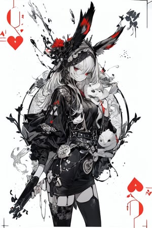 Rabbits, holding a rabbit, Playing card style background (Hearts) Crown of hearts, background of playing cards of hearts, (blackandwhite_backgraound:1.3), (White_hair:1.2), (gradient:1.2), wide_shot, scenery, 2 Hair_ornament in the shape of (symmetrical) rabbit_ears, detailed background, (grow_red_particles:1.3), (blackandwhite_clothes:1.2), (gradient_clothes:1.2), , (white_clothes:1.1), (black_clothes:1.3), long hair, floating hair, (((dramatic))), (((gritty))), (((intense))). She confidently of the poster, wearing a (Gray (X11 gray):1.1) and (Seashell:1.1) stylish and edgy outfit, The background is gray and sandy with gray hearts, with a sense of danger and intensity. Drama and excitement. The color palette is mainly dark and Fallow with splashes of vibrant colors, giving the poster a dynamic and visually striking appearance, tachi-e, with a relaxed expression on her face. leaf bikini, , (atmospheric perspective:1.1), (a close up of a person wearing a costume:1.22), (from above:1.1), wide_shot, scenery, a close up of a person wearing a costume, card game illustration, machine garden, killstar, elegant clothes, gloomy style, rabbits, solemn gesture, patchwork, Crown, feminine figure, ( symmetrical ), Queen, Queen of Hearts, Queen of rabbits, White hair, gothic art, poker card style, Red eyes, thick thighs, hold a rabbit, detail background, deck of cards style background., midjourney