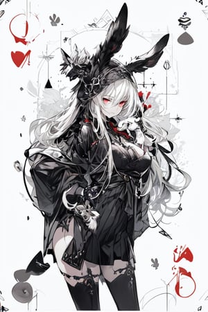 Rabbits, holding a rabbit, Playing card style background (Hearts) (blackandwhite_backgraound:1.3), (White_hair:1.2), (gradient:1.2), wide_shot, scenery, 2 Hair_ornament in the shape of (symmetrical) rabbit_ears, detailed background, (grow_red_particles:1.3), (blackandwhite_clothes:1.2), (gradient_clothes:1.2), , (white_clothes:1.1), (black_clothes:1.3), long hair, floating hair, (((dramatic))), (((gritty))), (((intense))). She confidently of the poster, wearing a (Gray (X11 gray):1.1) and (Seashell:1.1) stylish and edgy outfit, The background is gray and sandy with gray hearts, with a sense of danger and intensity. Drama and excitement. The color palette is mainly dark and Fallow with splashes of vibrant colors, giving the poster a dynamic and visually striking appearance, tachi-e, with a relaxed expression on her face. leaf bikini, , (atmospheric perspective:1.1), (a close up of a person wearing a costume:1.22), (from above:1.1), wide_shot, scenery, a close up of a person wearing a costume, card game illustration, machine garden, killstar, elegant clothes, gloomy style, rabbits, solemn gesture, patchwork, Crown, feminine figure, ( symmetrical ), Queen, Queen of Hearts, Queen of rabbits, White hair, gothic art, poker card style, Red eyes, thick thighs, hold a rabbit, detail background, deck of cards style background., midjourney