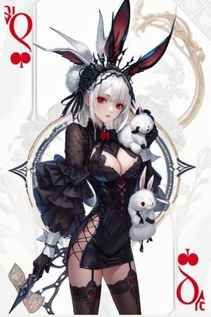 a close up of a person wearing a costume, card game illustration, machine garden, killstar, elegant clothes, gloomy style, rabbits, mafia background hyper detailed, solemn gesture, patchwork, Crown, feminine figure, ( symmetrical ), Queen, Queen of Hearts, Queen of rabbits, White hair, gothic art, poker card style, Large breasts Cup D, Red eyes, thick thighs, hold a rabbit, detail background, deck of cards style background.