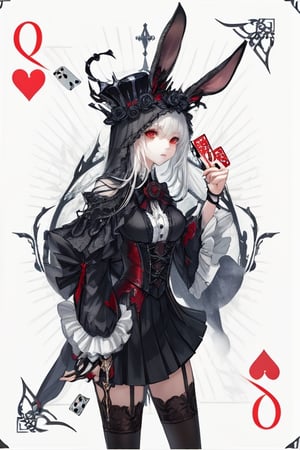 a close up of a person wearing a costume, card game illustration, machine garden, killstar, elegant clothes, gloomy style, rabbits, mafia background hyper detailed, solemn gesture, patchwork, Crown, feminine figure, ( symmetrical ), Queen, Queen of Hearts, Queen of rabbits, White hair, gothic art, poker card style, Red eyes, hold a rabbit, detail background, deck of cards style background, Detailed Q, Defined thighs.