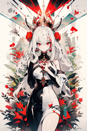 (blackandwhite_backgraound:1.3), (White_hair:1.2), (gradient:1.2), wide_shot, scenery, 2 Hair_ornament in the shape of (symmetrical) rabbit_ears, detailed background, (grow_red_particles:1.3), (blackandwhite_clothes:1.2), (gradient_clothes:1.2), , (white_clothes:1.1), (black_clothes:1.3), long hair, floating hair, (((dramatic))), (((gritty))), (((intense))). She confidently of the poster, wearing a (Gray (X11 gray):1.1) and (Seashell:1.1) stylish and edgy outfit, The background is gray and sandy with gray hearts, with a sense of danger and intensity. Drama and excitement. The color palette is mainly dark and Fallow with splashes of vibrant colors, giving the poster a dynamic and visually striking appearance, tachi-e, with a relaxed expression on her face. leaf bikini, , (atmospheric perspective:1.1), (a close up of a person wearing a costume:1.22), (from above:1.1), wide_shot, scenery, a close up of a person wearing a costume, card game illustration, machine garden, killstar, elegant clothes, gloomy style, rabbits, solemn gesture, patchwork, Crown, feminine figure, ( symmetrical ), Queen, Queen of Hearts, Queen of rabbits, White hair, gothic art, poker card style, Red eyes, thick thighs, hold a rabbit, detail background, deck of cards style background., midjourney