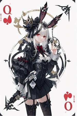 a close up of a person wearing a costume, card game illustration, machine garden, killstar, elegant clothes, gloomy style, rabbits, mafia background hyper detailed, solemn gesture, patchwork, Crown, feminine figure, ( symmetrical ), Queen, Queen of Hearts, Queen of rabbits, White hair, gothic art, poker card style, Red eyes, hold a rabbit, detail background, deck of cards style background, Detailed Q, Defined thighs.