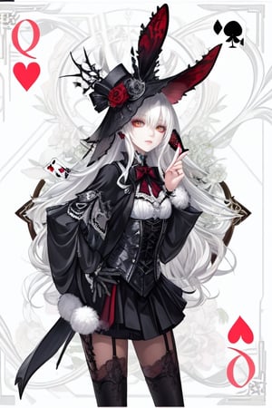 a close up of a person wearing a costume, card game illustration, machine garden, killstar, elegant clothes, gloomy style, rabbits, mafia background hyper detailed, solemn gesture, patchwork, hat, feminine figure, ( symmetrical ), Queen, Queen of Hearts, Queen of rabbits, White hair, gothic art, poker card style, 