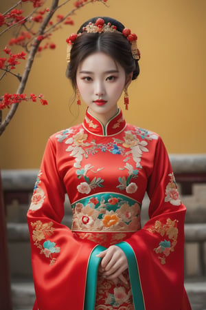 (Masterpiece, top quality, best quality, raw photo, one 24 year old Chinese new bride, wearing Chinese traditional wedding dress with Exquisite embroidery craftsmanship, precious jewelry,  ((head to foot: 1.5)), Chinese style, coolness, realistic, high resolution, high detail, photo, RAW, real life, xxmix_girl, 

